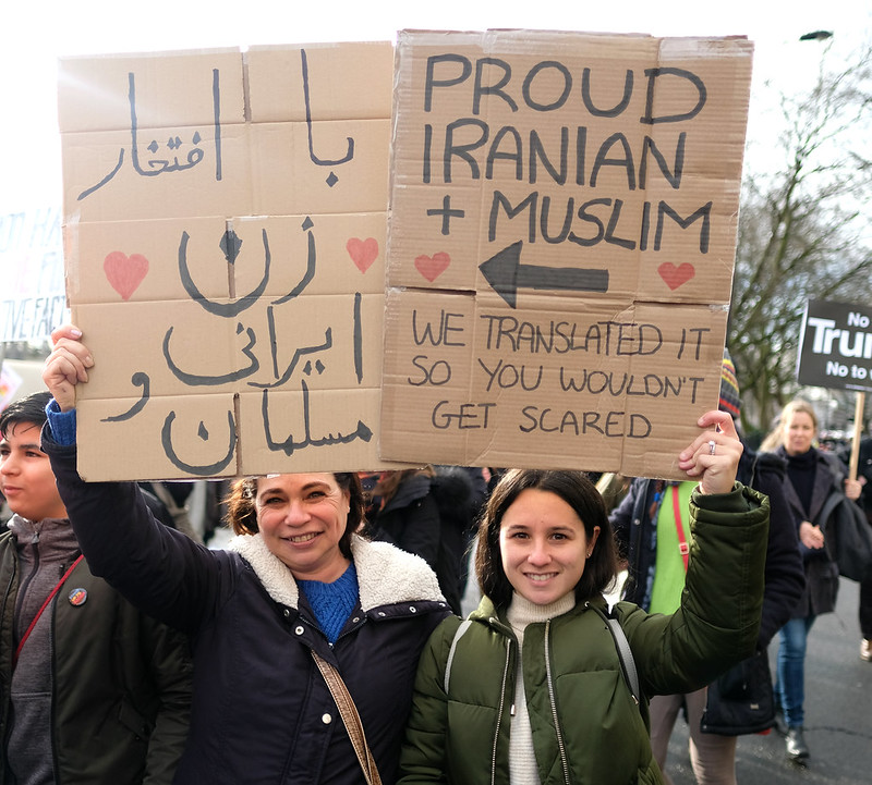Proud Iranian and Muslim - two marchers in the London anti-Trump ban demo.